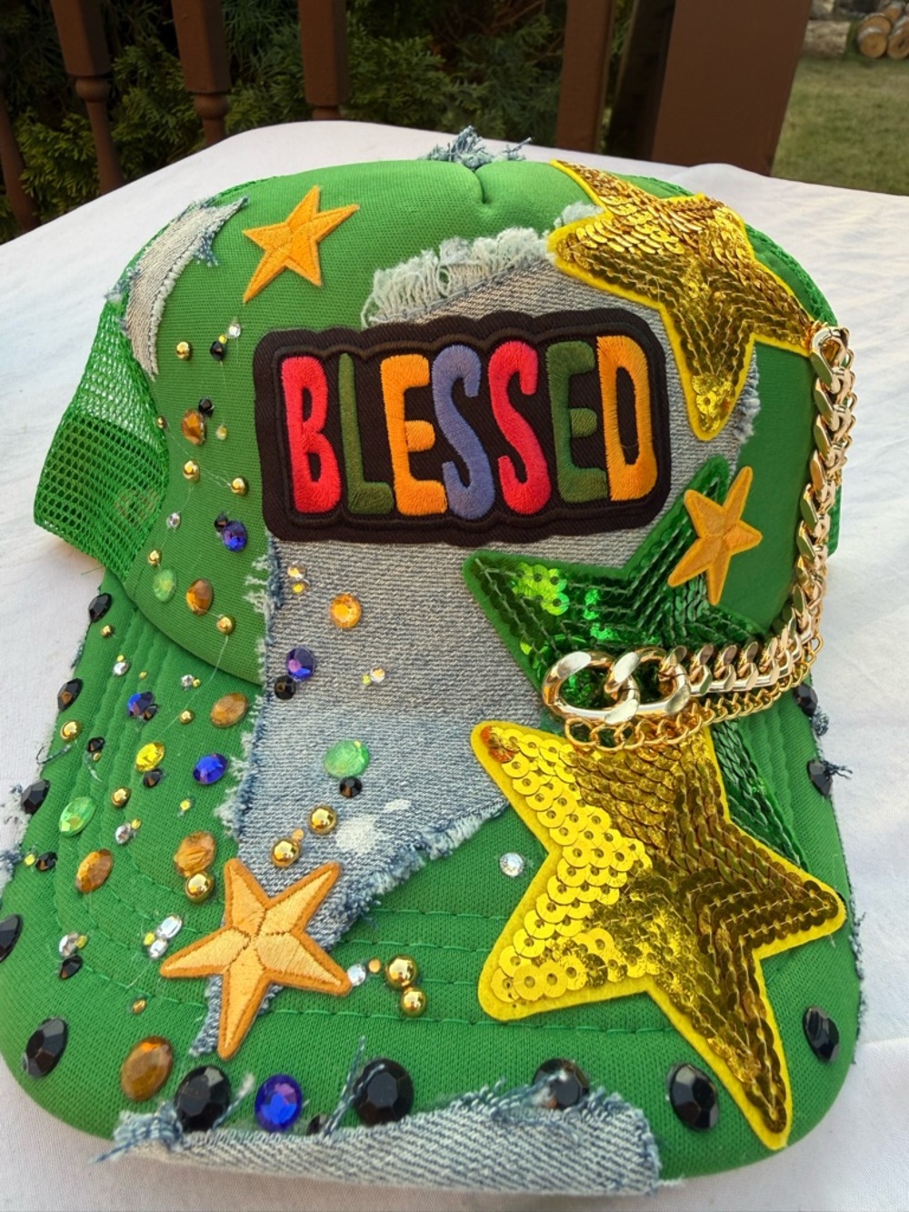 Custom Green "Blessed" Embellished Baseball Cap